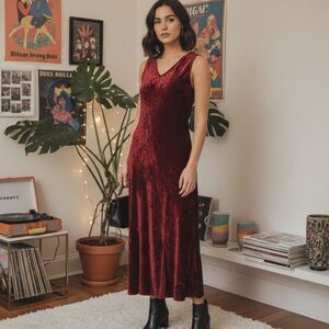 VTG April Cornell Crushed Velvet Midi Dress Witchy Red Sleeveless Women Small